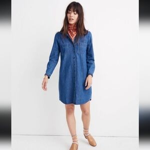 Madewell denim mini shirt dress XS ruched shoulders button-up long sleeve